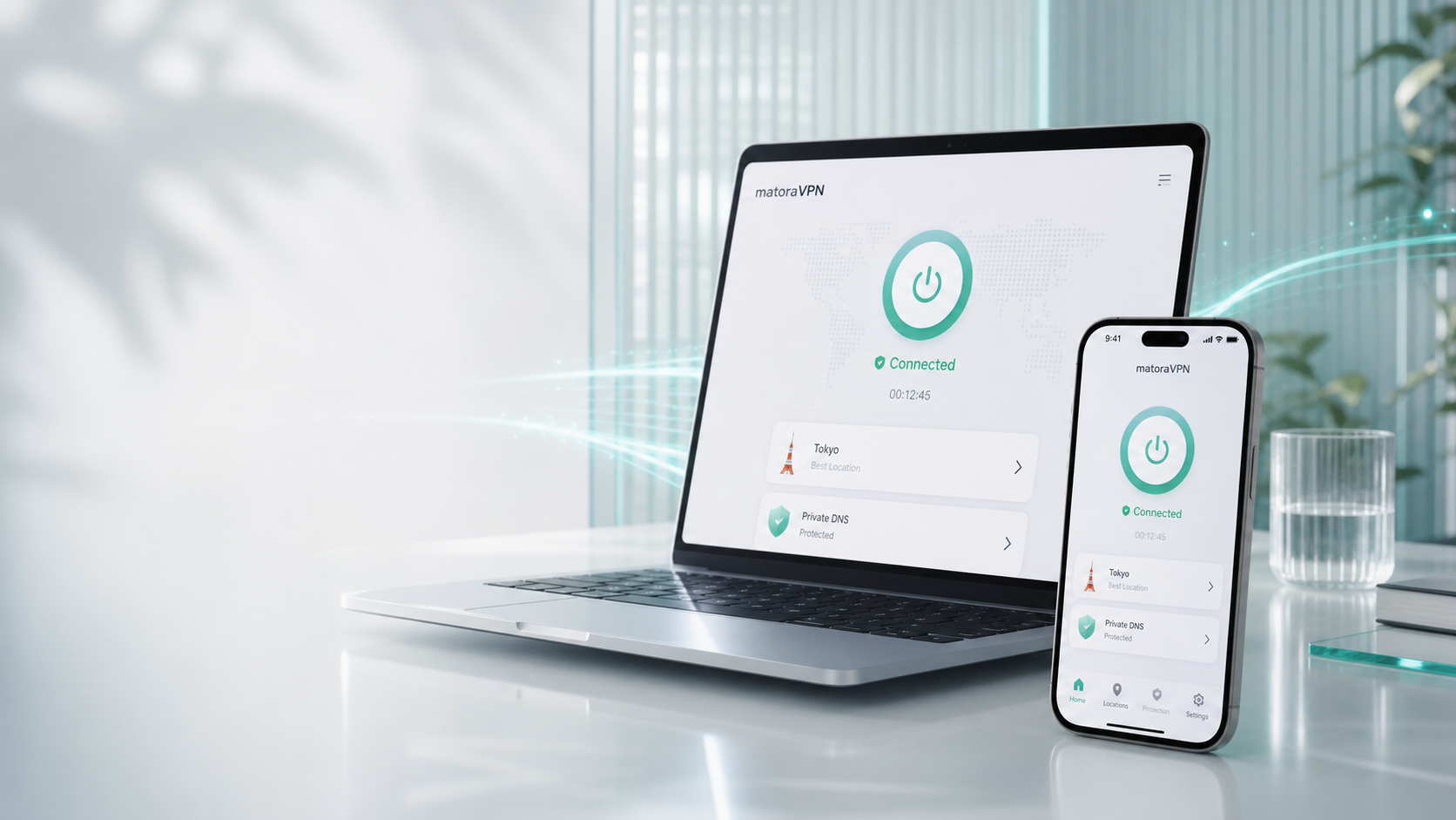 matoraVPN support care shown on phone and laptop devices